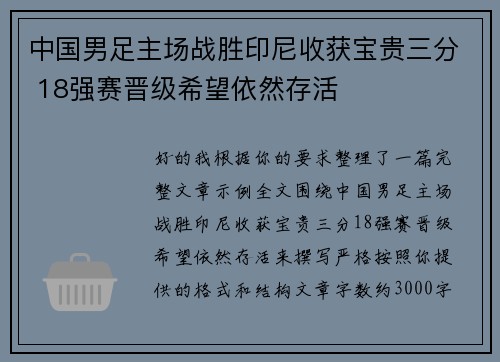 中国男足主场战胜印尼收获宝贵三分 18强赛晋级希望依然存活